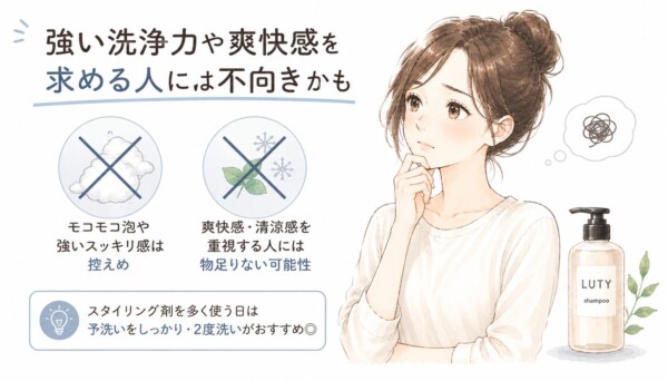 LUTYシャンプーが「強い洗浄力や爽快感を求める人には不向きかも」と説明する図解です。悩む表情の女性とボトルのイラストと共に、モコモコ泡や清涼感が控えめである点を解説。スタイリング剤を多く使う日は、しっかりとした予洗いや2度洗いがおすすめであるという具体的なアドバイスも添えられています。