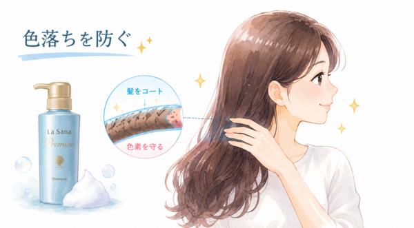 「色落ちを防ぐ」という見出しで、ラサーナ プレミオール シャンプーの特徴を解説した図解。笑顔で艶やかな髪に触れる女性のイラストとともに、髪の断面図を用いてシャンプーが髪をコートし、内部の色素を守る仕組みを説明しています。ヘアカラー後の色持ちを良くするケアアイテムを紹介する画像です。