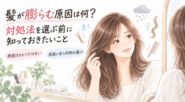 鏡の前で髪に触れる女性の周りに、乾燥・雨・くせを示すイラストが描かれています。髪が膨らむ原因は一つではなく、原因に合った対処を選ぶことを表しています。