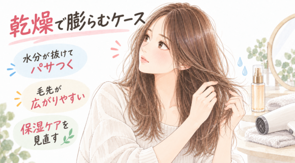 毛先の乾燥や広がりを確かめる女性のそばに、保湿用のヘアオイルとドライヤーが描かれています。水分が抜けてパサつく髪には、保湿ケアを見直すことを示しています。
