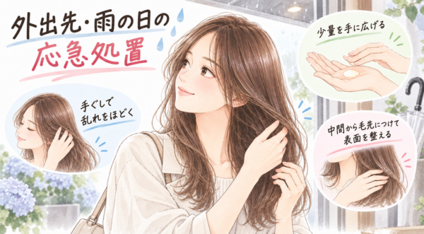 雨の日の外出先で女性が手ぐしで髪を整えています。少量のスタイリング剤を手のひらに広げ、中間から毛先につけて表面を整える手順が、周囲の小さなイラストで示されています。