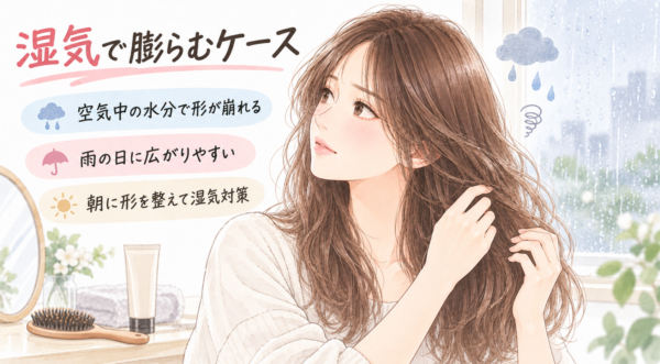 雨の日の窓辺で、女性が広がった髪に触れています。そばには「空気中の水分で形が崩れる」「雨の日に広がりやすい」「朝に形を整えて湿気対策」と示され、湿気による髪の広がりを表しています。