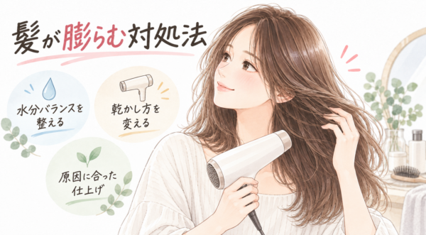広がりやすい髪を手で整える女性の横に、ドライヤーと湿気を表す雲が描かれています。