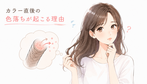 「カラー直後の色落ちが起こる理由」を解説した図解画像です。疑問に思いながら自分の髪の毛先に触れる女性のイラストと、髪の毛の断面図を描いた吹き出しが配置されています。断面図では、髪の表面から内部のカラー色素の粒子が外へ流出している様子を矢印で図示し、退色してしまうメカニズムを視覚的に説明しています。
