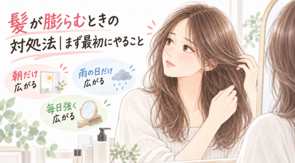 鏡の前で髪の広がりを確かめる女性の横に、朝だけ・雨の日だけ・毎日広がる場合を示すイラストが添えられています。