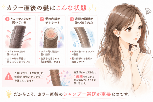 「カラー直後の髪はこんな状態」を解説した図解画像です。思案する女性のイラストと共に、髪がデリケートな理由を3つのポイント(キューティクルが開いている、髪の内部がデリケート、表面の脂膜が洗い流された)で断面図を用いて解説。この状態で洗浄力の強いシャンプーを使うと1週間で色落ちしてしまうため、カラー直後のシャンプー選びが重要だと説明しています。