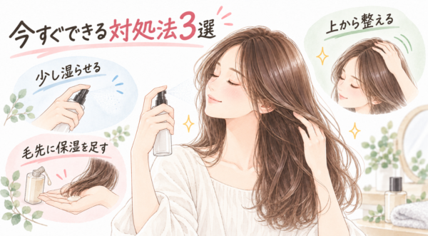 髪にミストを吹きかける女性を中心に、毛先へ保湿剤をつける様子と、手で髪を上から整える様子が描かれています。