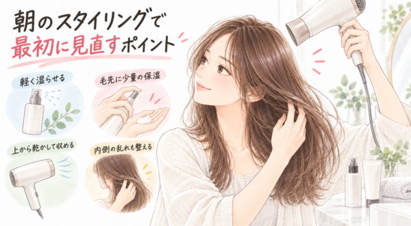 朝の洗面台で女性がドライヤーを使って髪を整えています。周囲には、髪を軽く湿らせる、毛先に保湿剤を少量つける、上から乾かす、内側の乱れも整える様子が描かれています。