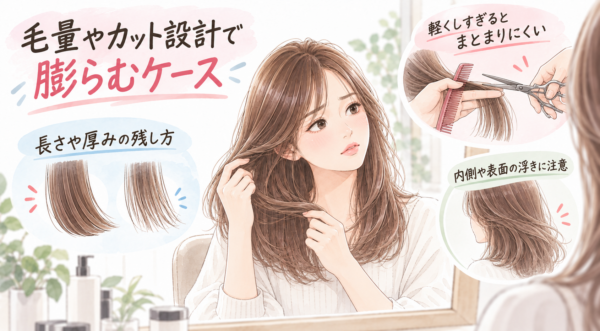 鏡の前で髪の厚みを確かめる女性の周りに、長さや厚みの残し方、髪を軽くしすぎるとまとまりにくくなること、内側や表面の浮きに注意する様子が描かれています。右上には櫛とハサミで毛束を整える美容師の手元があります。