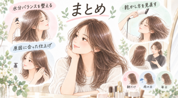 鏡の前で髪を整える女性を中心に、水分バランスを整える、乾かし方を見直す、原因に合った仕上げをする様子が描かれています。朝だけ・雨の日・毎日広がる場合の小さなカットと、美容師への相談場面も添えられています。