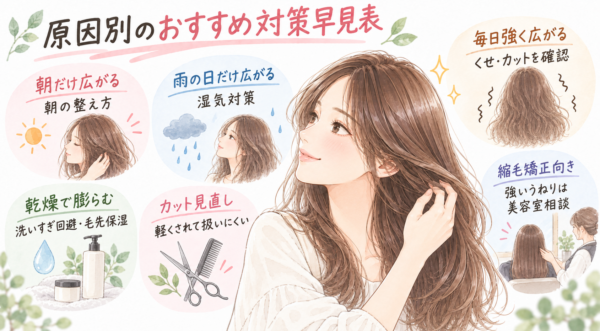 髪を整える女性の周りに、朝だけ広がる場合は朝の整え方、雨の日は湿気対策、乾燥には洗いすぎを避けて毛先を保湿する方法が示されています。毎日強く広がる場合はくせやカットを確認し、扱いにくい場合はカットを見直すこと、強いうねりは美容室で相談することも案内しています。