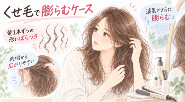 鏡の前でくせ毛に触れる女性の周りに、髪一本ごとの形のばらつき、内側からの広がり、湿気でさらに膨らむ様子が描かれています。傍らにはヘアアイロンがあります。