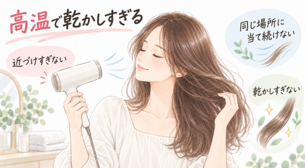 女性がドライヤーを髪から離して動かしながら乾かしています。イラストには、同じ場所に風を当て続けないこと、乾かしすぎないことも示されています。