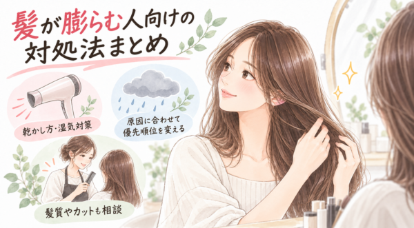 鏡の前で髪を整える女性の周りに、ドライヤーを使う様子、雨による湿気、 美容師への相談が描かれています。髪が膨らむ原因に合わせて、乾かし方や湿気対策、髪質やカットを見直すことを示しています。