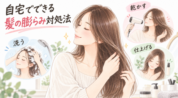 自宅で髪をケアする女性を中心に、シャンプーで洗う、ドライヤーで乾かす、仕上げ剤をなじませる様子が小さなイラストで描かれています。