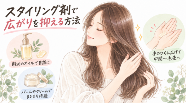 女性が手のひらに広げたスタイリング剤を髪になじませています。軽めのオイルで自然に抑える方法、バームやクリームでまとまりを保つ方法、中間から毛先につける使い方が描かれています。