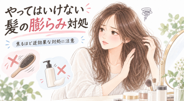 髪の広がりを気にする女性のそばに、勢いよくブラッシングすることやスタイリング剤をつけすぎることを避ける例が描かれています。焦るほど逆効果になりやすい対処に注意を促すイラストです。