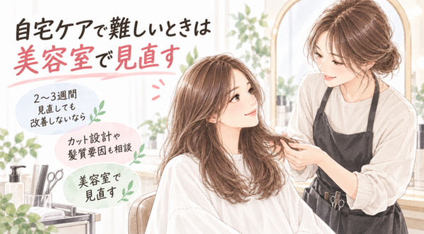 美容室で女性が美容師に髪を見てもらい、カットの相談をしています。自宅ケアを2〜3週間見直しても改善しない場合は、カット設計や髪質要因も含めて美容室で相談する目安を示しています。
