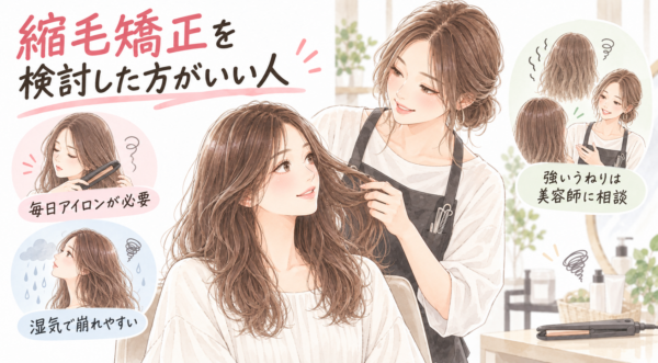 美容師が女性のうねる髪を確認しながら相談に乗っています。毎日アイロンが必要な場合や湿気で髪が崩れやすい場合、強いうねりがある場合は、縮毛矯正も選択肢として美容師に相談する目安を示しています。