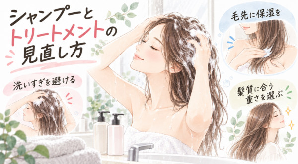 女性がシャンプーで髪を洗う様子を中心に、洗いすぎを避けること、毛先に保湿を与えること、髪質に合った重さのトリートメントを選ぶことが小さなイラストで示されています。