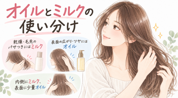 女性が髪を整えるイラストとともに、乾燥や毛先のパサつきにはミルク、表面の広がりやツヤにはオイルを使う目安が示されています。内側にミルク、表面に少量のオイルをなじませる方法も描かれています。