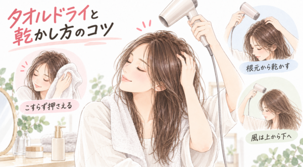 女性がタオルで髪をこすらず押さえ、ドライヤーで根元から乾かしています。風を上から下へ当てる様子も小さなイラストで示されています。
