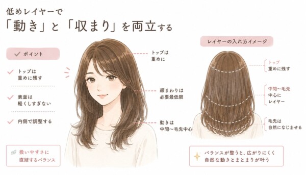 「低めレイヤーで『動き』と『収まり』を両立する」という見出しの図解です。中央に綺麗にまとまったレイヤースタイルの女性のイラストを配置。左側にはポイントとして「トップは重めに残す」「表面は軽くしすぎない」「内側で調整する」の3点を挙げ、これが「扱いやすさに直結するバランス」であるとしています。女性のイラストには「トップは重めに」「顔まわりは必要最低限」「動きは中間〜毛先中心」と引き出し線で解説。右側には「レイヤーの入れ方イメージ」として後ろ姿のイラストを配置し、「トップは重めに残す」「中間〜毛先中心にレイヤー」「毛先は自然になじませる」と構造を図解。「バランスが整うと、広がりにくく自然な動きとまとまりが叶う」とまとめています。