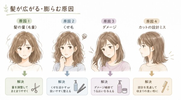 「髪が広がる・膨らむ原因」を4つのパターンで解説した図解です。それぞれの原因に悩む女性のイラストと、その解決策を下部に配置しています。「原因1:髪の量(毛量)」の解決策はハサミのアイコンと共に「量を調整してまとまりやすく」。「原因2:くせ毛」の解決策はアイロンなどのアイコンと共に「くせを活かす or 扱いやすく整える」。「原因3:ダメージ」の解決策はケアアイテムのアイコンと共に「ダメージ補修でうるおいを与える」。「原因4:カットの設計ミス」の解決策はコームのアイコンと共に「設計を見直して収まりの良い形に」とそれぞれ図解しています。