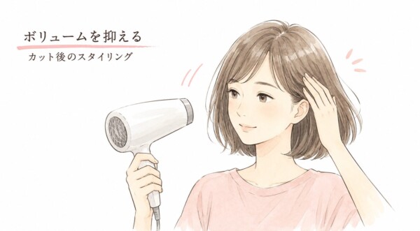 「ボリュームを抑える カット後のスタイリング」と題された図解イラストです。ボブヘアの女性がドライヤーを使い、手ぐしで髪を整えながら笑顔で乾かしている様子が描かれています。カット後の髪の広がりを抑えて綺麗にまとめるための、自宅での正しいドライヤーの当て方やスタイリングを表現しています。