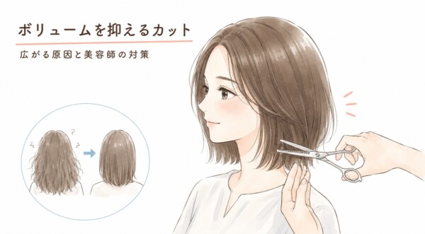 「ボリュームを抑えるカット 広がる原因と美容師の対策」という見出しの図解です。すきバサミで髪を整えられ、穏やかに微笑む女性のイラストを中心に配置。左下の円の中には、パサついてボリュームが出てしまった髪が、カットによってすっきりまとまった状態へと変化するビフォーアフターを、後ろ姿のイラストで紹介しています。