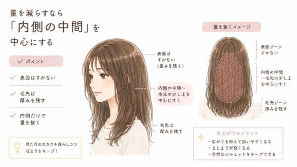 「量を減らすなら『内側の中間』を中心にする」という見出しで、正しい毛量調整のポイントを解説した図解です。中央にロングヘアの女性の横顔イラストを配置。左側にはポイントとして「表面はすかない」「毛先は厚みを残す」「内側だけで量を抜く」の3点を挙げ、これが見た目の大きさを減らしつつ収まりをキープする秘訣だと説明しています。右側には「量を抜くイメージ」として後ろ姿のイラストを配置し、「表面ゾーン(すかない)」「内側の中間〜毛先の少し上(中心にすく)」「毛先ゾーン(厚みを残す)」という構造を図解。右下には仕上がりのメリットとして、広がりを抑えて扱いやすくなる、まとまりが良くなる、自然なシルエットをキープできる、の3点をまとめています。