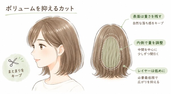 「ボリュームを抑えるカット」の構造を解説した図解です。左側には、綺麗にまとまったボブヘアの女性の横顔イラストと「まとまりをキープ」というハサミのアイコンを配置。右側には後ろ姿のイラストを用いて、まとまるカットの3つのポイントを図解しています。「表面は重さを残す(自然な落ち感をキープ)」、「内側で量を調整(中間を中心に少しずつ間引く)」、「レイヤーは低めに(必要最低限で広がりを抑える)」と、表面のツヤを残しつつ内側で見えないようにボリュームダウンする仕組みを解説しています。