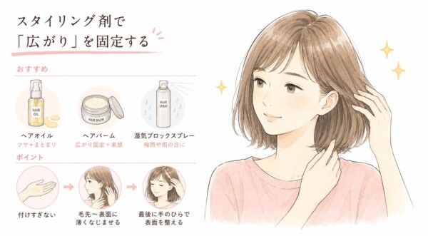 髪の広がりをスタイリング剤で抑える方法の図解です。右側に綺麗にまとまったボブヘアの女性を描き、左側でおすすめアイテム(ツヤとまとまりを出すヘアオイル、広がりを固定するヘアバーム、湿気を防ぐスプレー)を紹介しています。下部では使い方のポイントとして「付けすぎない」「毛先から表面に薄くなじませる」「最後に手のひらで表面を整える」という正しい手順を3つのイラストで解説しています。