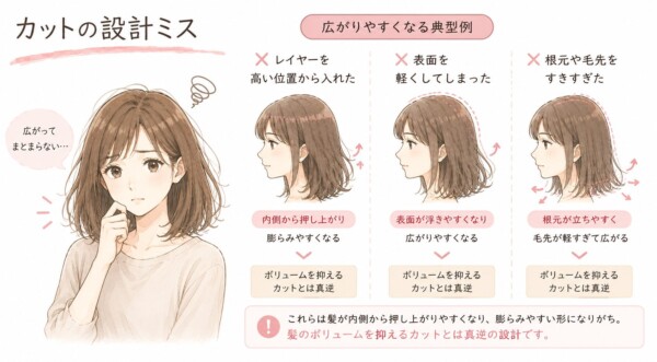 「カットの設計ミス」により髪が広がってしまう原因を解説した図解です。左側に「広がってまとまらない…」と悩む女性のイラストを配置。右側では「広がりやすくなる典型例」として3つのNGカットを女性の横顔イラストで図解しています。1つ目は「レイヤーを高い位置から入れた」ことで内側から押し上がり膨らむ状態。2つ目は「表面を軽くしてしまった」ことで表面が浮いて広がる状態。3つ目は「根元や毛先をすきすぎた」ことで根元が立ちやすく、毛先が軽すぎて広がる状態です。それぞれの下に「ボリュームを抑えるカットとは真逆」というラベルを配置。最後に、これらは髪が内側から押し上がり膨らみやすい形になりがちで、ボリュームを抑えるカットとは真逆の設計であると注意喚起しています。