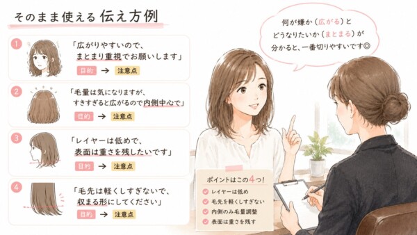「そのまま使える伝え方例」として、美容室でのオーダー方法を解説した図解です。右側に美容師へ要望を伝える女性のイラストを配置。左側には「広がりやすいのでまとまり重視で」「すきすぎると広がるので内側中心で」など、目的と注意点をセットにした4つの実践的な伝え方フレーズを記載し、右下にカットの要点4つをまとめています。