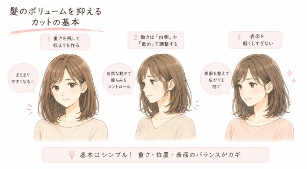 「髪のボリュームを抑えるカットの基本」を3つのポイントで解説した図解です。それぞれのポイントに合わせて、綺麗にまとまったミディアムヘアの女性のイラストを配置しています。1つ目は「重さを残して収まりを作る」ことでまとまりやすくなること。2つ目は「動きは『内側』か『低め』で調整する」ことで自然な動きで膨らみをコントロールすること。3つ目は「表面を軽くしすぎない」ことで表面を整えて広がりを防ぐことを解説しています。最後に「基本はシンプル!重さ・位置・表面のバランスがカギ」とまとめています。