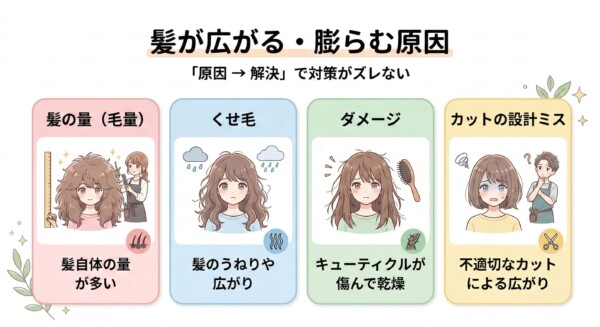 「髪が広がる・膨らむ原因」を4つのパネルで解説した図解画像。左から、毛量が多い「髪の量」、うねりや広がりが生じる「くせ毛」、キューティクルが傷んで乾燥する「ダメージ」、不適切なカットによる広がり「カットの設計ミス」を、それぞれ悩める女性と美容師のイラストを交えて視覚的に説明しています。