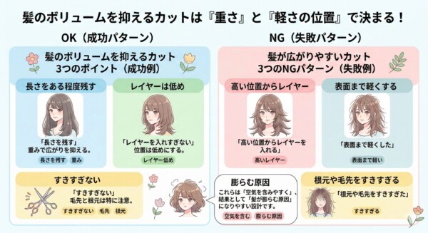 「髪のボリュームを抑えるカットは重さと軽さの位置で決まる！」と題した比較図解。左側に「成功パターン」として、長さを残す、レイヤーは低め、すきすぎないという3つのポイントを解説。右側に「失敗パターン」として、高い位置からのレイヤー、表面まで軽くする、根元や毛先をすきすぎる例をイラストで示し、広がりを防ぐための正しいカットの選び方を説明しています。