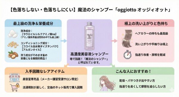 魔法のシャンプー「oggiotto（オッジィオット）」の紹介図。ラウロイルシルクアミノ酸naなどの最上級洗浄成分や、加水分解ダイズタンパク等の栄養成分を配合した「高濃度美容液シャンプー」であることを解説。色持ちの良さや摩擦軽減などのメリット、美容室専売品である入手難易度、推奨する人をまとめています。
