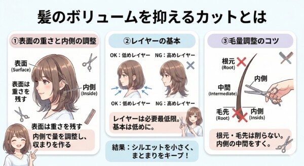 「髪のボリュームを抑えるカットとは」を3つのポイントで解説した図解。①表面の重さを残し内側で量を調整する仕組み、②低めレイヤー（OK）と高めレイヤー（NG）のシルエット比較、③根元や毛先は削らず内側の中間をすく毛量調整のコツを、イラストと注釈で分かりやすくまとめた画像です。