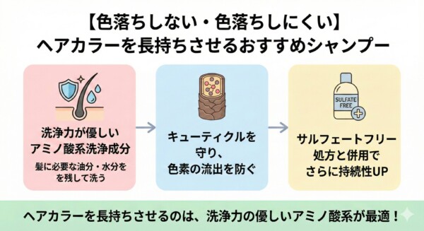 ヘアカラーを長持ちさせる仕組みの解説図。「洗浄力が優しいアミノ酸系洗浄成分」で油分・水分を残して洗うことで、「キューティクルを守り色素の流出を防ぐ」プロセスを図解。さらに「サルフェートフリー処方」の併用で持続性がアップすることを説明し、アミノ酸系が最適であると結論付けています。