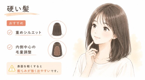 「硬い髪」の方におすすめのヘアカットを解説した図解です。右側にはミディアムヘアの女性が笑顔で描かれています。左側にはおすすめのスタイルとして、まとまりをよくする「重めシルエット」と、「内側中心の毛量調整」を後ろ姿のアイコン付きで紹介。下部では「表面を軽くすると膨らみが強く出やすい」と注意喚起しています。