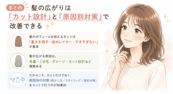 「まとめ 髪の広がりは『カット設計』と『原因別対策』で改善できる」という見出しの図解です。右側には笑顔の女性のイラストを配置。左側には3つの要点として、ボリュームを抑えるカットの基本(重さを残す・低めレイヤー・すきすぎない)、髪が広がる複数の原因(毛量・くせ毛・ダメージ等)、そしてカットだけでなく原因別の対策(乾かし方・スタイリング・湿気対策)をセットで行う重要性をまとめています。
