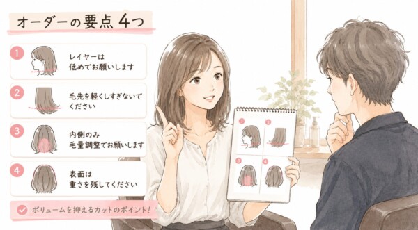 「オーダーの要点4つ」という見出しで、美容室で女性客が美容師に要望を伝えているイラスト図解です。ボリュームを抑えるカットのポイントとして、「レイヤーは低めで」「毛先を軽くしすぎないで」「内側のみ毛量調整で」「表面は重さを残して」の4点を、女性が図解のフリップボードを見せながらオーダーする様子を描いています。
