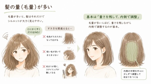 「髪の量(毛量)が多い」という見出しで、毛量が多い髪の正しいカット方法を解説した図解です。左側には髪が広がって困っている女性のイラストを配置し、「とにかくすくだけはNG!」と強調しています。中央では「すき方を間違えると…」として、「毛先がスカスカになって広がる」「短い毛が浮いてまとまらない」「収まりが悪く、スタイリングが難しくなる」の3つのNG例をイラスト付きで解説。右側には綺麗にまとまったボブヘアの女性のイラストを配置し、「基本は『重さを残して、内側で調整』」と説明。後ろ姿のイラストで、内側の中間を中心に少しずつ調整して収まりをつくる仕組みを解説しています。