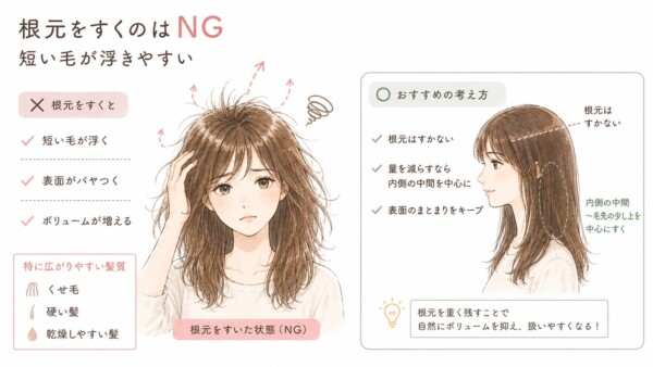 「根元をすくのはNG 短い毛が浮きやすい」という見出しの図解です。左側には「根元をすいた状態(NG)」として、短い毛が浮き上がり表面がパヤついてボリュームが増えてしまった女性のイラストを配置。特に広がりやすい髪質として「くせ毛」「硬い髪」「乾燥しやすい髪」の3つを挙げています。右側には「おすすめの考え方」として綺麗にまとまった女性の横顔イラストを配置し、「根元はすかない」「量を減らすなら内側の中間を中心に」「表面のまとまりをキープ」というポイントを図解。最後に「根元を重く残すことで自然にボリュームを抑え、扱いやすくなる!」とまとめています。