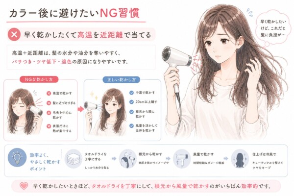「カラー後に避けたいNG習慣」として、ドライヤーの当て方を解説した図解です。早く乾かしたくて高温を近距離で当ててしまう女性のイラストを中心に配置し、この習慣がパサつきやツヤ低下、退色の原因になると説明しています。左下ではNGな乾かし方(高温、近づけすぎる、毛先中心など)と、正しい乾かし方(中温、20cm以上離す、根元からなど)を比較して図解。下部では効率よくやさしく乾かすポイントとして、「タオルドライを丁寧にする」「根元から乾かす」「風量で乾かす」「仕上げは冷風で」の4ステップを紹介し、早く乾かしたいときほどタオルドライと根元からの風量ドライがいちばん効率的だとまとめています。