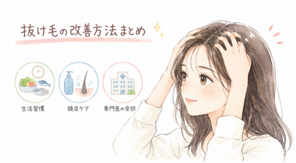 「抜け毛の改善方法まとめ」の図解画像。自身の髪に優しく触れ、前向きな表情を浮かべる女性を中心に配置しています。左側には抜け毛対策の基本となる「生活習慣（食事や睡眠）の見直し」「正しい頭皮ケア」「専門医の受診（クリニック）」を示す3つのアイコンを描き、具体的なアプローチを視覚的に説明しています。