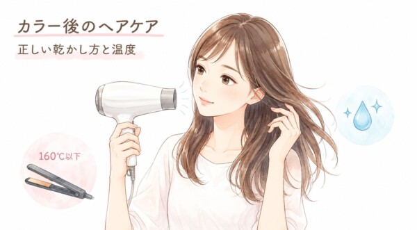 ドライヤー選びの「まとめ」の図解です。ドライヤーを持ち笑顔で案内する女性のイラストと共に、「家庭用ドライヤーは1200〜1400Wを基準に、速乾は風量で選ぶ」という結論を掲示しています。ワット数の目安として「①ショート〜ミディアムは1200Wでも十分」「②迷ったら1400W前後」「③ロング・多毛・時短重視は1400W前後＋風量確認」「④1600W以上は使用環境を確認」「⑤海外用は対応電圧とプラグを確認」の5パターンを図解。また、数字だけでなく「ワット数×風量×使いやすさのバランス」が失敗しないコツであることと、比較記事へのリンクをまとめています。
