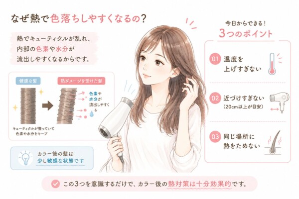 「なぜ熱で色落ちしやすくなるの?」という疑問にお答えする図解です。ドライヤーで髪を乾かす女性のイラストを中心に配置。左側では、熱でキューティクルが乱れ、内部の色素や水分が流出する仕組みを髪の毛のイラストを用いて解説しています。右側では「今日からできる!3つのポイント」として、「①温度を上げすぎない」「②近づけすぎない(20cm以上が目安)」「③同じ場所に熱をためない」という具体的な対策をアイコン付きで紹介。最後に、この3つを意識するだけでカラー後の熱対策は十分効果的であるとまとめています。